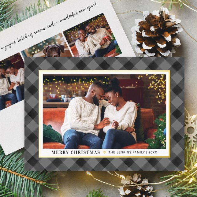 Modern Grey Black Buffalo Plaid Christmas Photo Foil Holiday Card (Creator Uploaded)