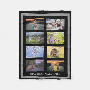 Modern grey black family photo collage monogrammed fleece blanket