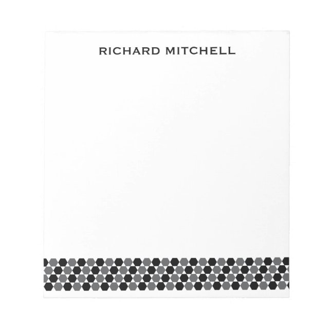 Modern grey black hexagons personalized name notepad (Front)