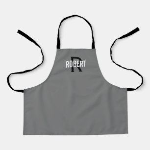 Modern grey black monogram boy name apron