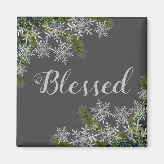 Modern Grey Blessed Snowflake & Pine Winter Magnet