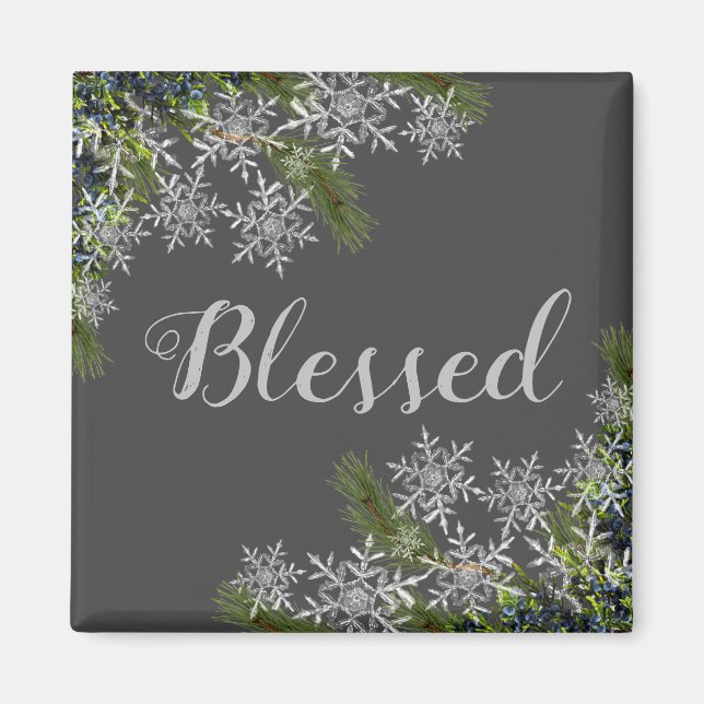 Modern Grey Blessed Snowflake & Pine Winter Magnet (Front)