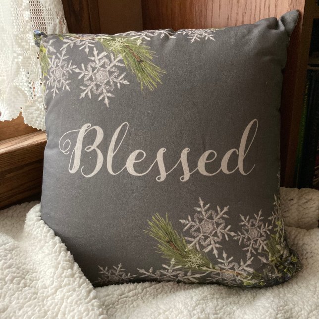 Modern Grey Blessed Winter Snowflake Throw Pillow (Creator Uploaded)
