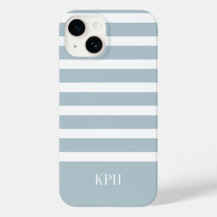 Modern Grey Blue and White Stripe with Monogram  Case-Mate iPhone 14 Case