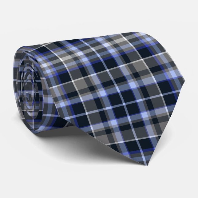 Modern Grey Blue Tartan Plaid Pattern Tie (Rolled)