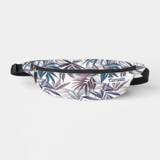 Modern Grey Blue Tropical Leaf Name Custom Travel Fanny Pack