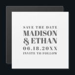 Modern Grey Bold Typography Save the Date Magnetic Invitation<br><div class="desc">Modern typography magnetic save the date with your wedding details in large, grey bold block letters, over a white background. A simple, contemporary design that is great for the minimalist couple. DESIGN TIP: In order to get the lines to be the same length, click the customize button and increase/decrease the...</div>