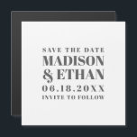 Modern Grey Bold Typography Save the Date Magnetic Invitation<br><div class="desc">Modern typography magnetic save the date with your wedding details in large, grey bold block letters, over a white background. A simple, contemporary design that is great for the minimalist couple. DESIGN TIP: In order to get the lines to be the same length, click the customize button and increase/decrease the...</div>