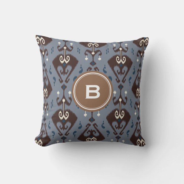 Modern grey brown ikat tribal pattern monogram throw pillow (Front)