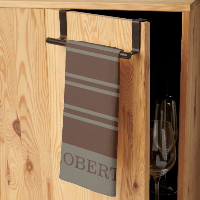 modern Grey &Brown stripes Pattern monogram name Kitchen Towel (Thirds Fold)