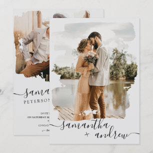 Modern grey brushstroke script 2 photos wedding invitation