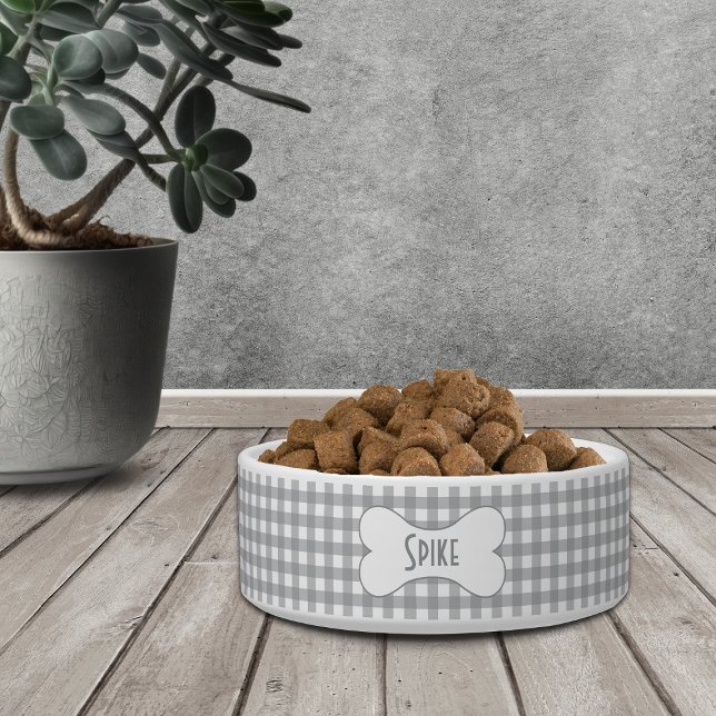 Modern Grey Buffalo Check with Name in Dog Bone Bowl (Creator Uploaded)
