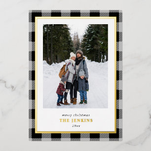 Modern Grey Buffalo Plaid Christmas Two Photos Foil Holiday Card