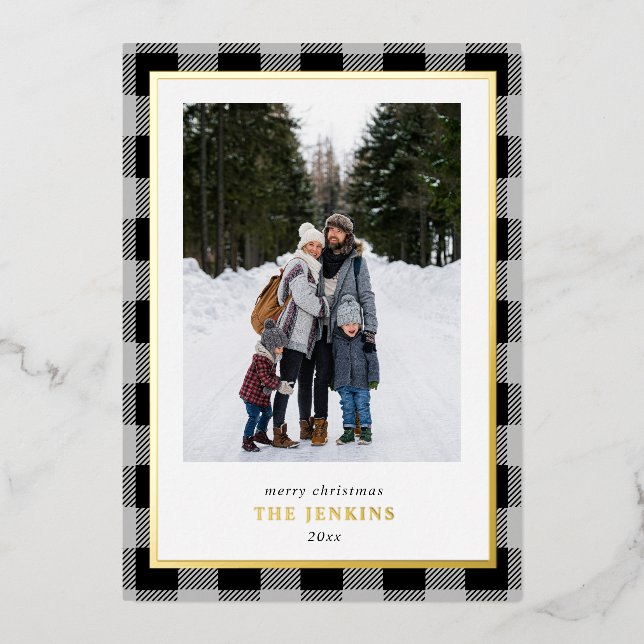 Modern Grey Buffalo Plaid Christmas Two Photos Foil Holiday Card (Front)