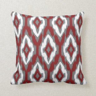 Modern grey burgundy white Ikat Tribal Pattern 1a Throw Pillow