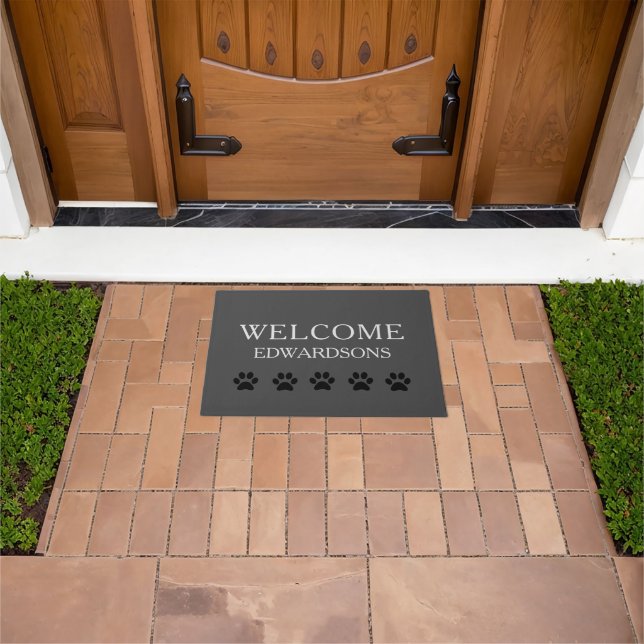 Modern grey burlap Welcome family name cat paws Doormat (Outdoor)