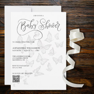 Modern Grey Butterflies Baby Shower QR Code  Invitation