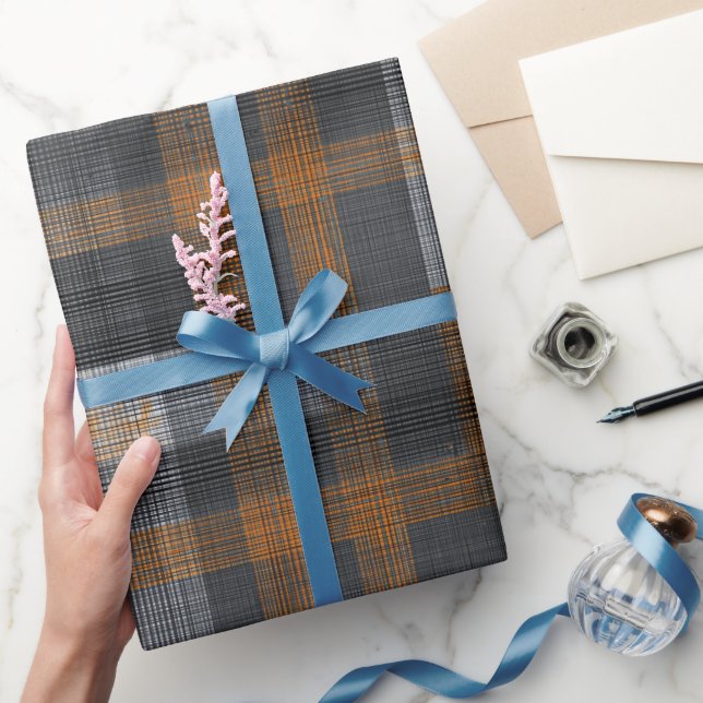 Modern Grey Charcoal Grid Steel Plaid Pattern Wrapping Paper (Gifting)