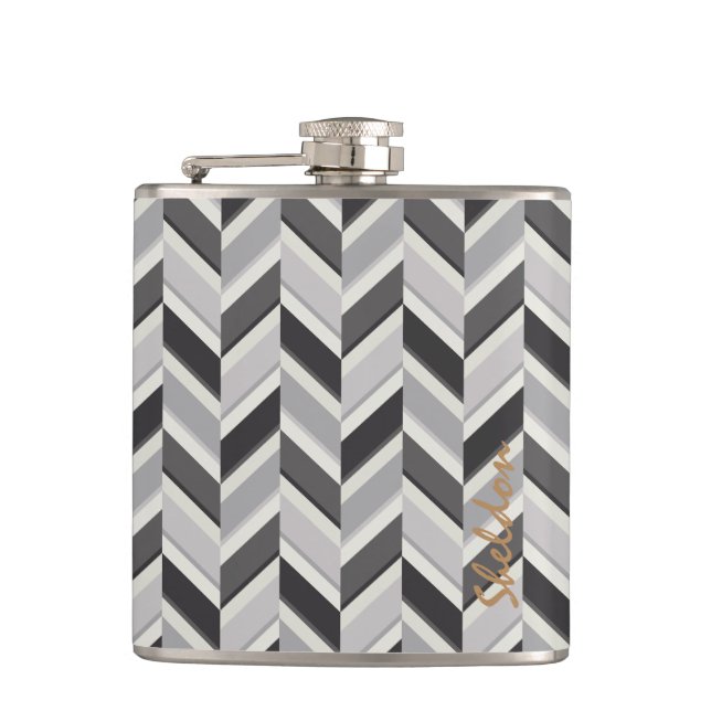 Modern grey chevron geometric pattern monogram hip flask (Front)