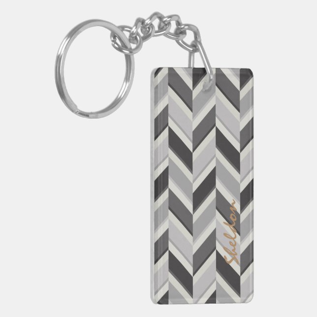 Modern grey chevron geometric pattern monogram keychain (Front Left)