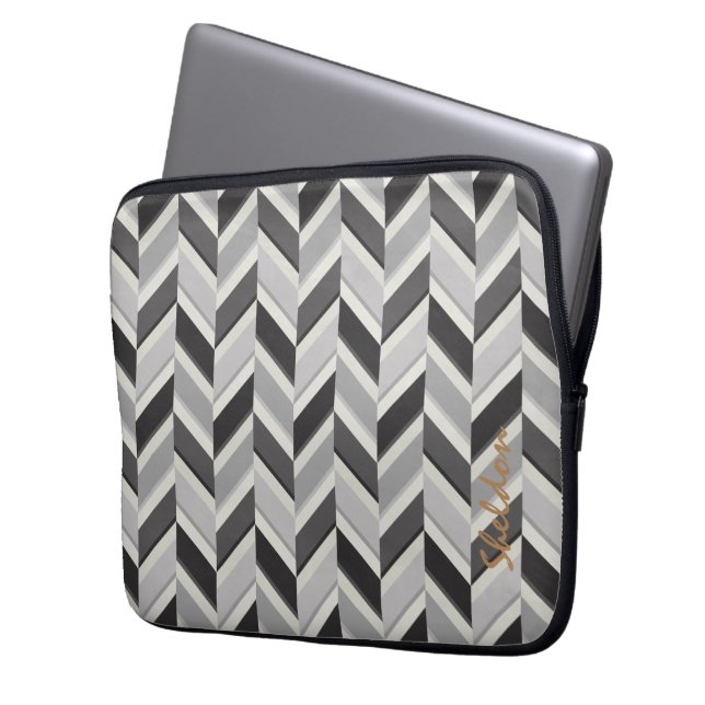 Modern grey chevron geometric pattern monogram laptop sleeve (Front Left)