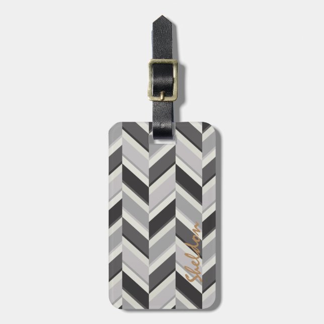 Modern grey chevron geometric pattern monogram luggage tag (Front Vertical)