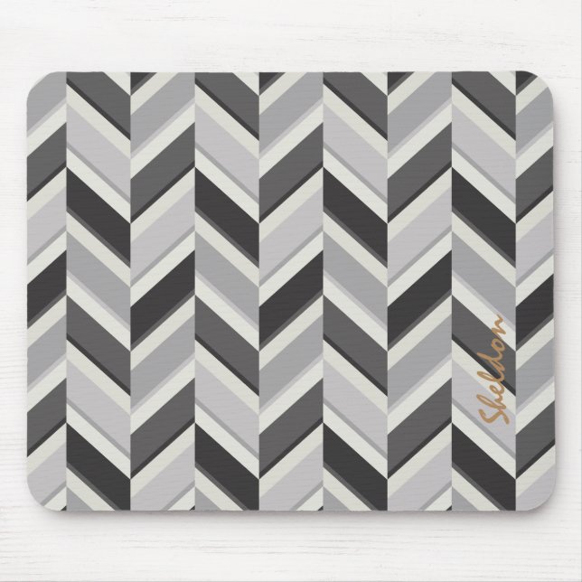 Modern grey chevron geometric pattern monogram mouse pad (Front)