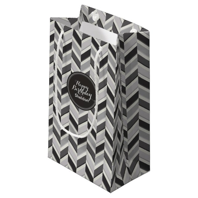 Modern grey chevron geometric pattern monogram small gift bag (Front Angled)