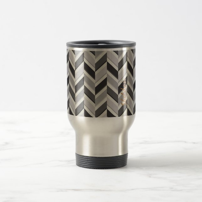 Modern grey chevron geometric pattern monogram travel mug (Center)