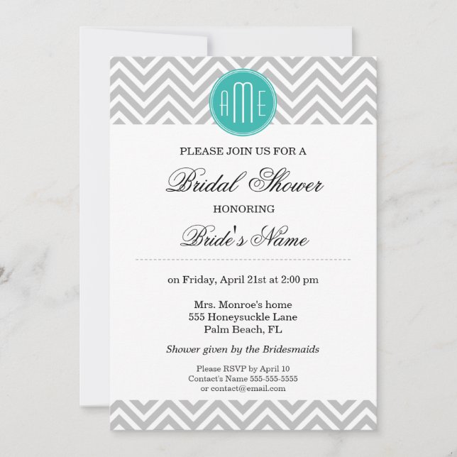 Modern Grey Chevron Mint Monogram - Bridal Shower Invitation (Front)