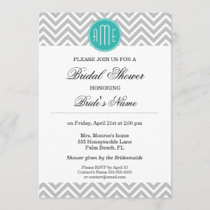 Modern Grey Chevron Mint Monogram - Bridal Shower Invitation