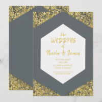 Modern Grey Chic Gold Glitter Flakes Glam Wedding