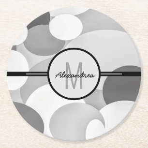 Modern Grey Circle Geometric Monogram  Round Paper Coaster