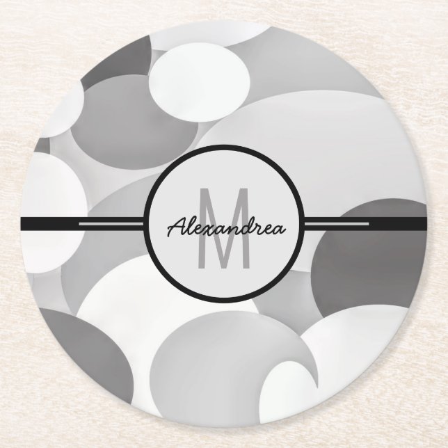 Modern Grey Circle Geometric Monogram  Round Paper Coaster (Front)