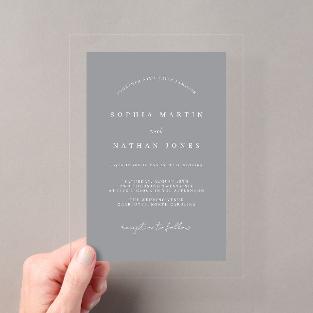 Modern Grey Clear Minimalist Wedding  Acrylic Invitations (Insitu (Handheld))