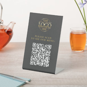Modern Grey Custom Business Logo QR Code Menu  Pedestal Sign