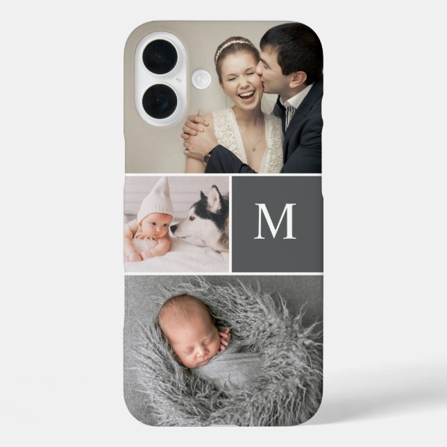 Modern Grey Custom Monogram Photo Collage Case-Mate iPhone Case (Back)