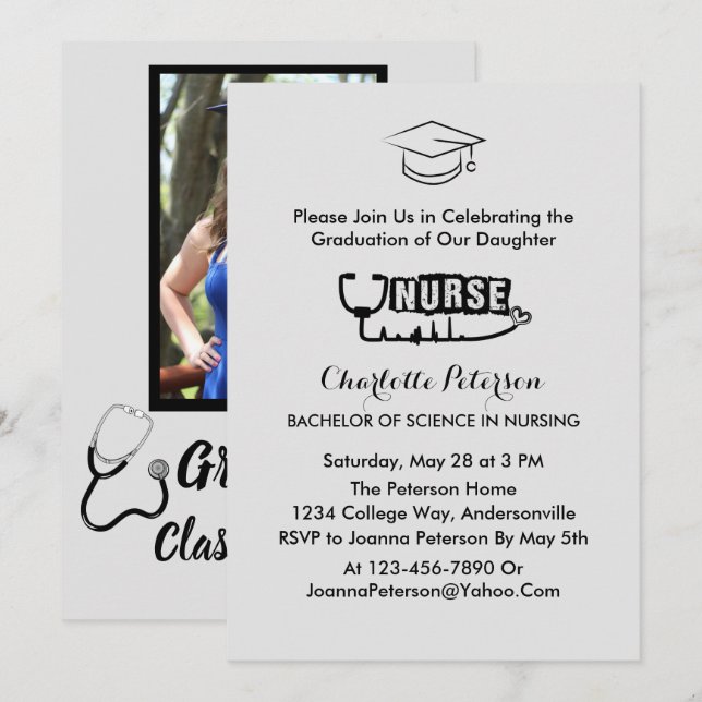 Modern Grey Custom Photo Nurse Graduation Party Invitation (Front/Back)