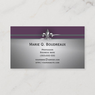 Modern Grey Eggplant Fleur de Lis Business Card