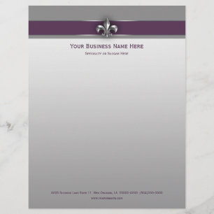 Modern Grey Eggplant Fleur de Lis Letterhead