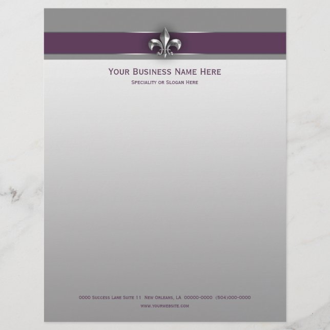 Modern Grey Eggplant Fleur de Lis Letterhead (Front)