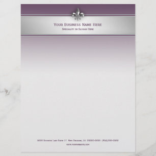 Modern Grey Eggplant Fleur de Lis Stripe Letterhead