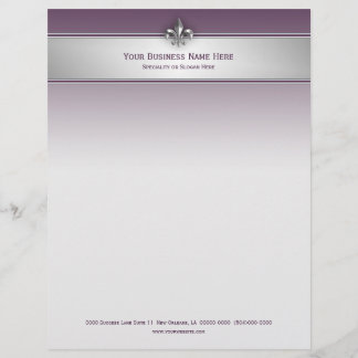 Modern Grey Eggplant Fleur de Lis Stripe Letterhead