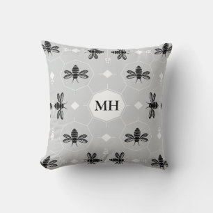 Modern Grey Elegant Black Bee Pattern Monogram Throw Pillow