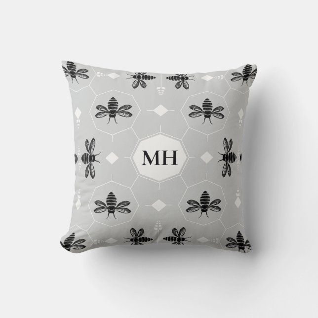 Modern Grey Elegant Black Bee Pattern Monogram Throw Pillow (Front)