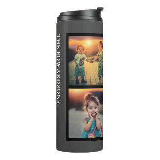 Modern grey family 4 photo collage family name thermal tumbler