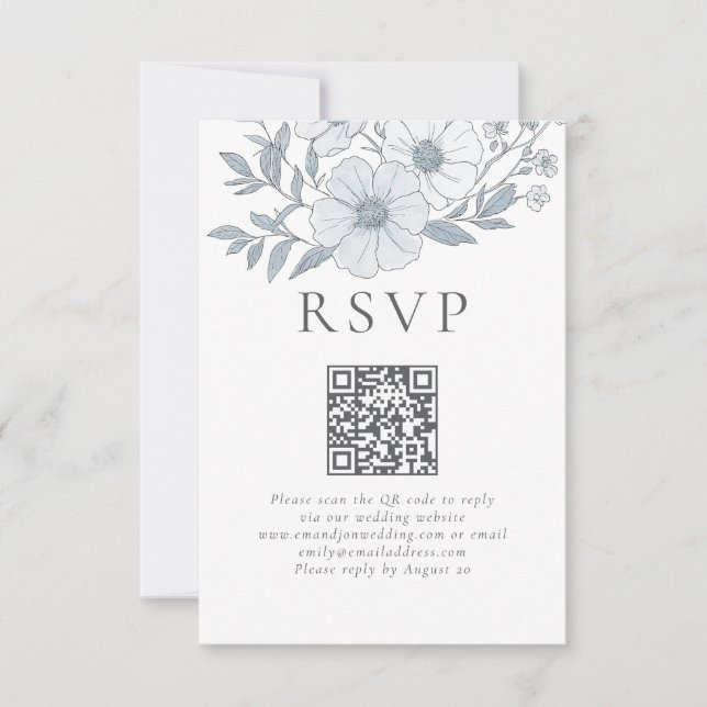 Modern Grey Florals QR Code Wedding  RSVP Card (Front)