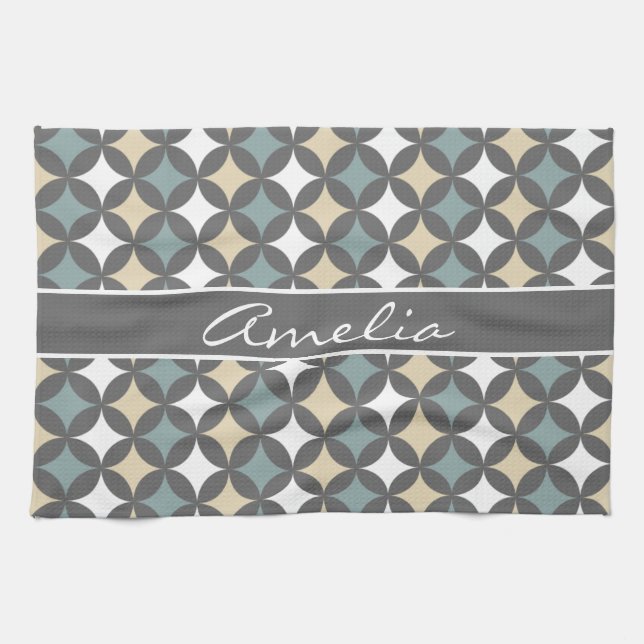 Modern Grey Geometric Circle Pattern Monogram Kitchen Towel (Horizontal)