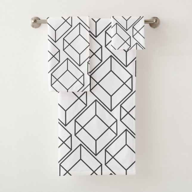 Modern Grey Geometric Cubes Bath Towel Set (Insitu)