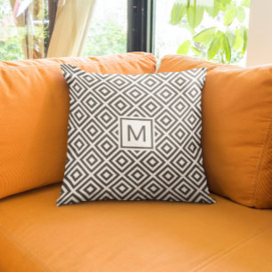 Modern Grey Geometric Pattern with Monogram Throw Pillow